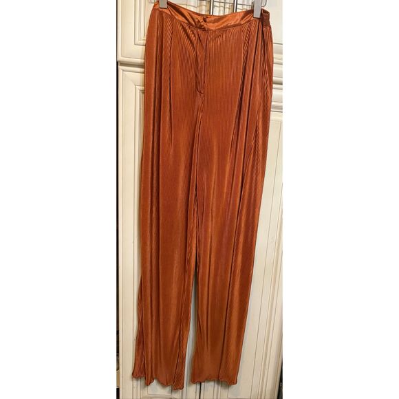 Nasty Gal Women's Ribbed Pleated Front Wide Leg Trouser Pants Rust Orange Size 8 - Picture 3 of 10